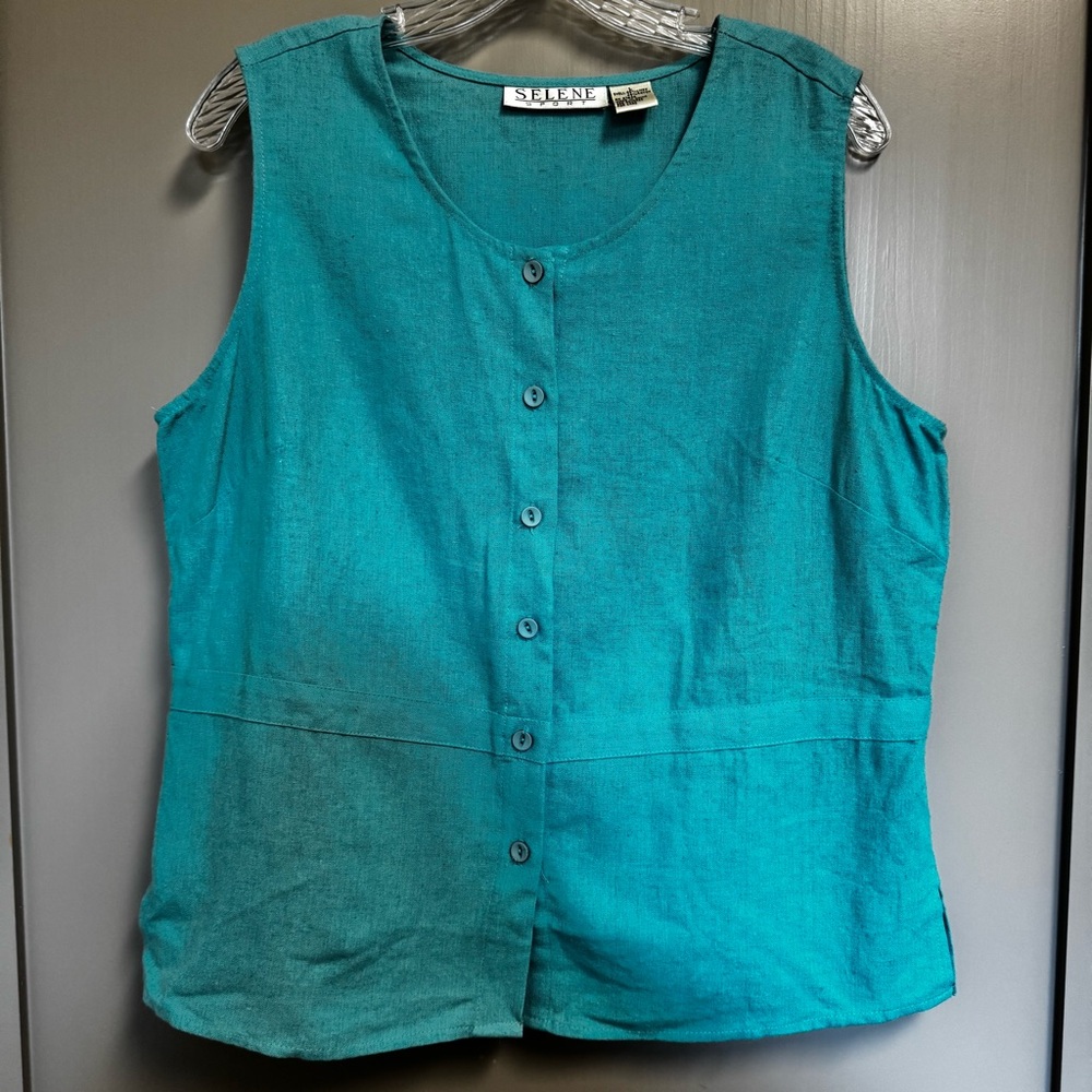 Vintage Selene Sport Button Up Large Blue Linen Blend Sleeveless Button Up Top